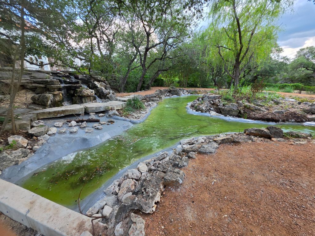 Pond Renovation After – Wide view of restored pond with clear water and improved banks