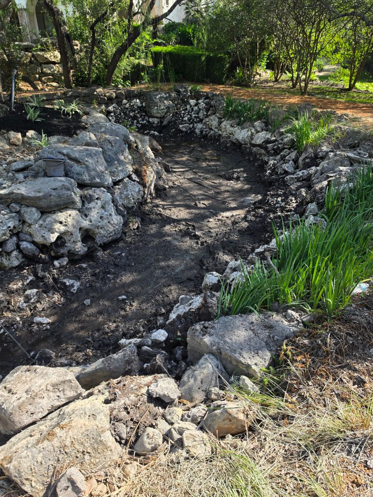 Pond Renovation Before – Dry pond bed with overgrown banks